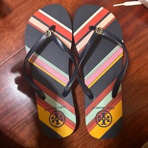 Tory Burch Striped Flip Flops with Logo